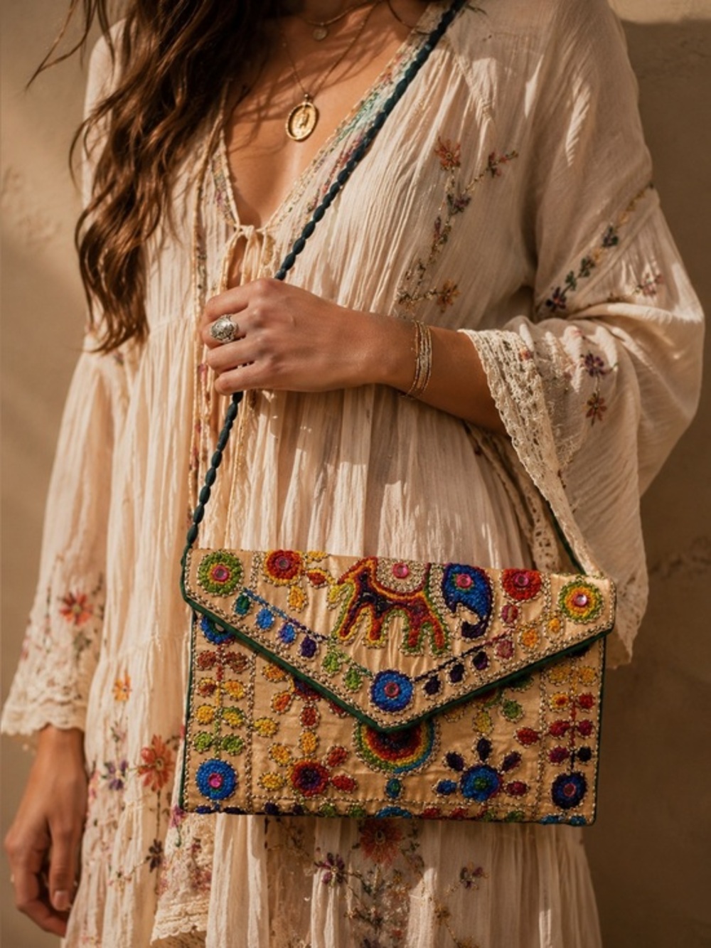 Vintage Maatangi Rainbow Embroidered Elephant Crossbody Bag Boho Folk Art